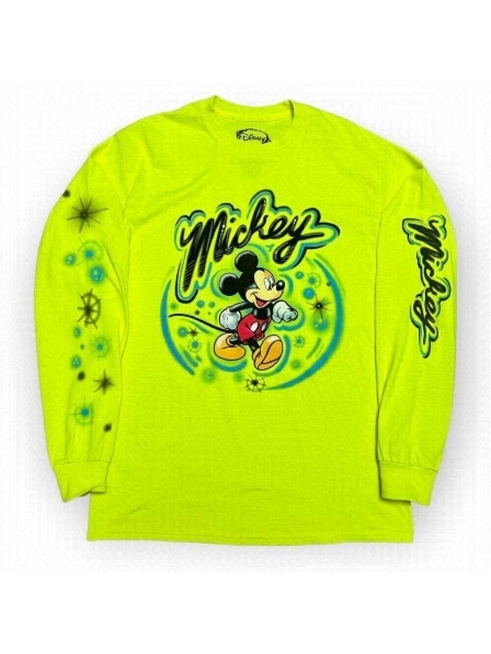 Disney Mickey Mouse Neon Green Airbrush Long Sleeve Tee Shirt - Mens Small